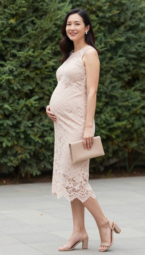 Pregnant woman in blush lace midi dress with slip lining, pearl earrings, nude block heels, and beige clutch in garden