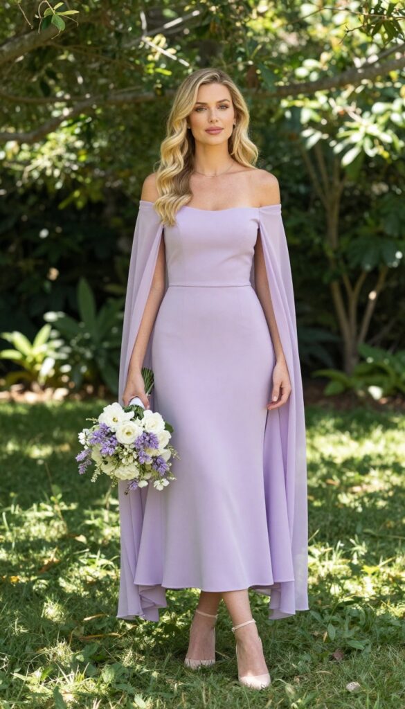 Bride in off-shoulder orchid purple dress with sheer cape worn as veil, holding bouquet in garden