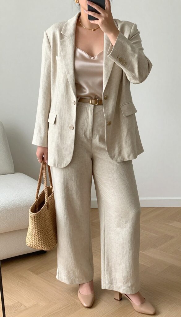 Woman in beige linen blazer and matching wide-leg trousers over silk camisole, holding woven tote, standing in bright office setting.