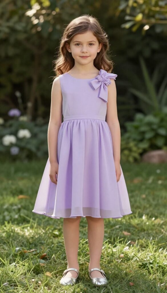 Young girl in pastel lavender chiffon dress with floral bow shoulder detail, silver flats, standing in garden at golden hour