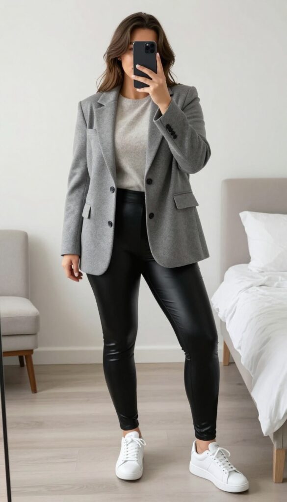 Woman in black leather leggings and oversized blazer, posing in a mirror selfie, phone partially covering face, bedroom setting.