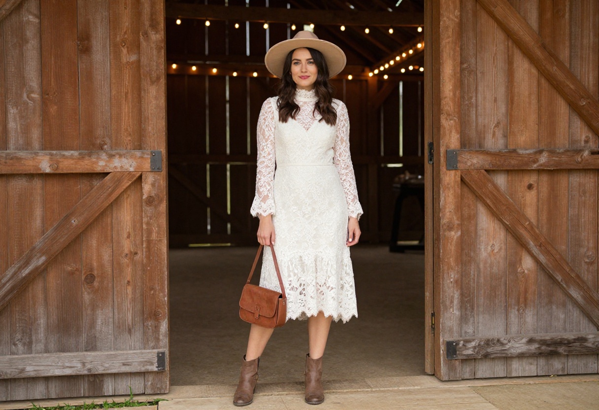 Woman in vintage lace wedding dress with wide-brim hat standing in rustic barn