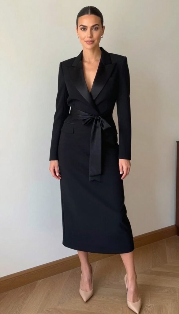 Woman in black tuxedo-inspired midi dress with satin lapels and bow detail, nude heels, standing in elegant ballroom