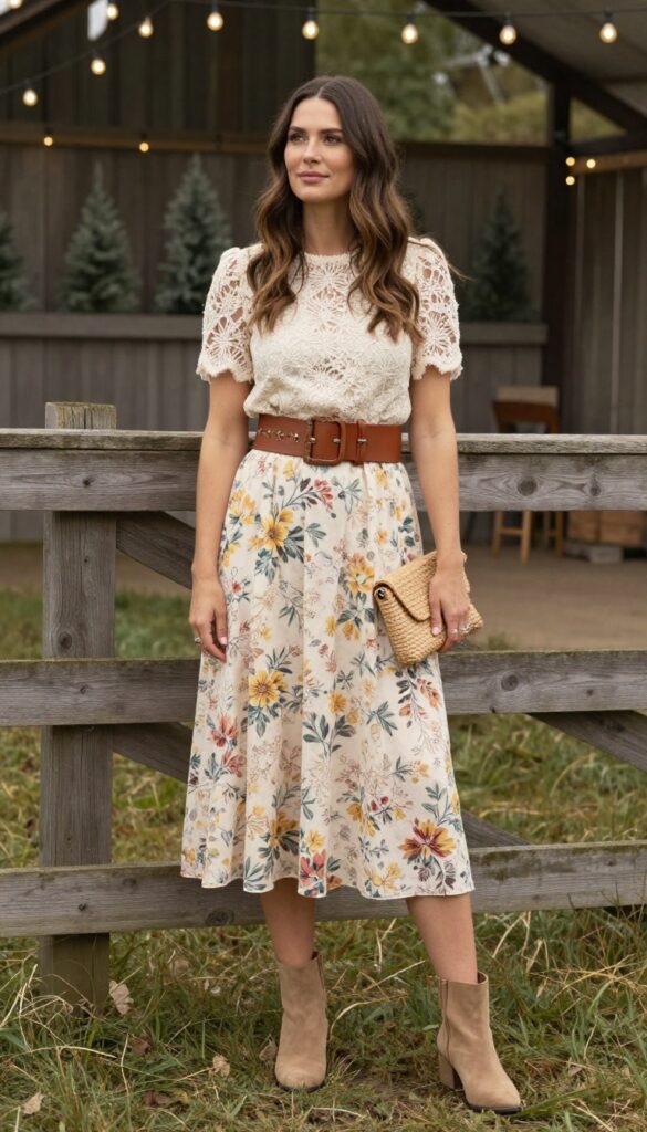 Woman in floral midi skirt, lace top, and floral belt at rustic barn wedding