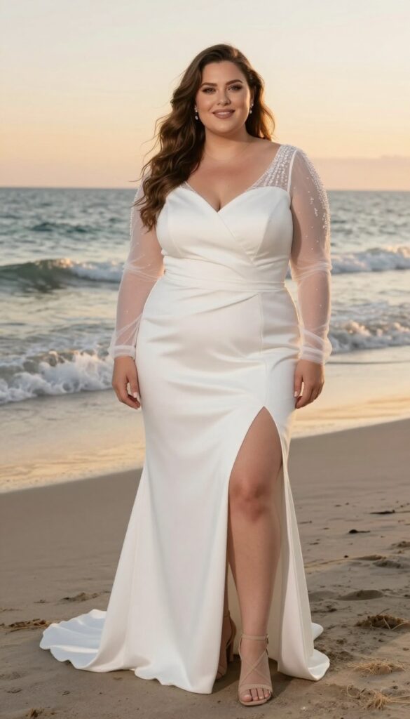 Plus size bride in white sheath dress with high slit and beaded sheer long sleeves, nude sandals, beach sunset