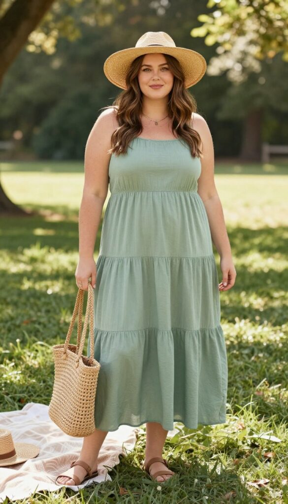Plus-size woman in tiered sage green maxi dress with flat sandals and straw hat at outdoor picnic