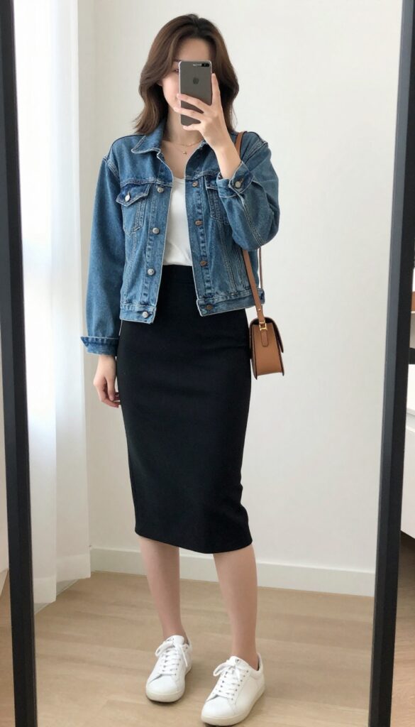 Mirror selfie of a woman in a light-wash cropped denim jacket, white tank top, black pencil skirt, and white sneakers, holding a phone to partially cover her face.