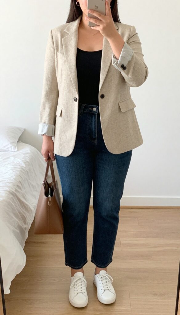 Woman wearing a beige blazer over a white top with dark wash jeans and white sneakers, standing in a casual setting.