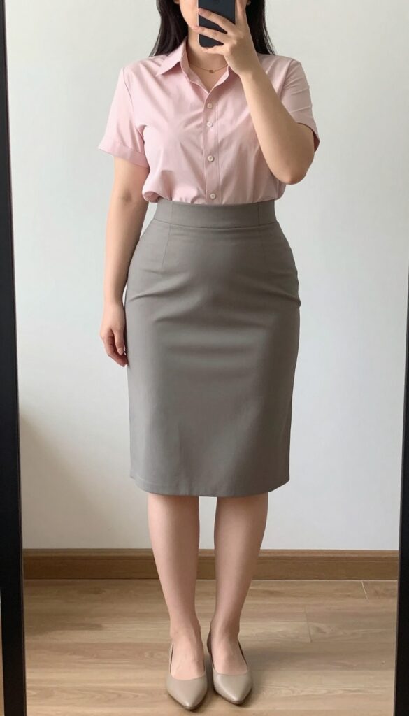 Plus size woman in a pastel short-sleeve button-down and dark pencil skirt, standing in a bright office setting, wearing pointed flats and a delicate necklace.