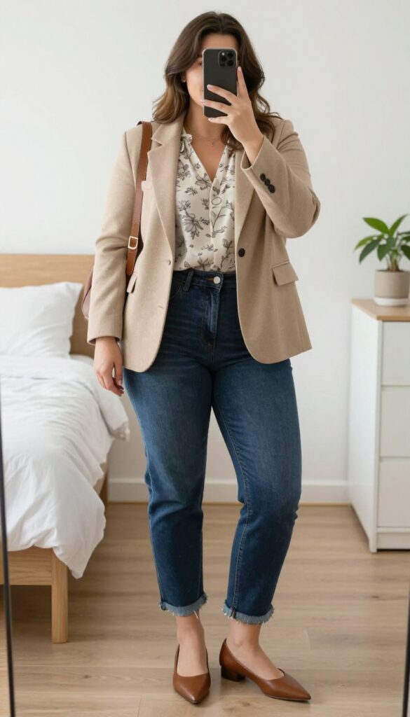 Woman in dark wash raw hem jeans, printed blouse, and knit blazer with pointed-toe flats and leather backpack.