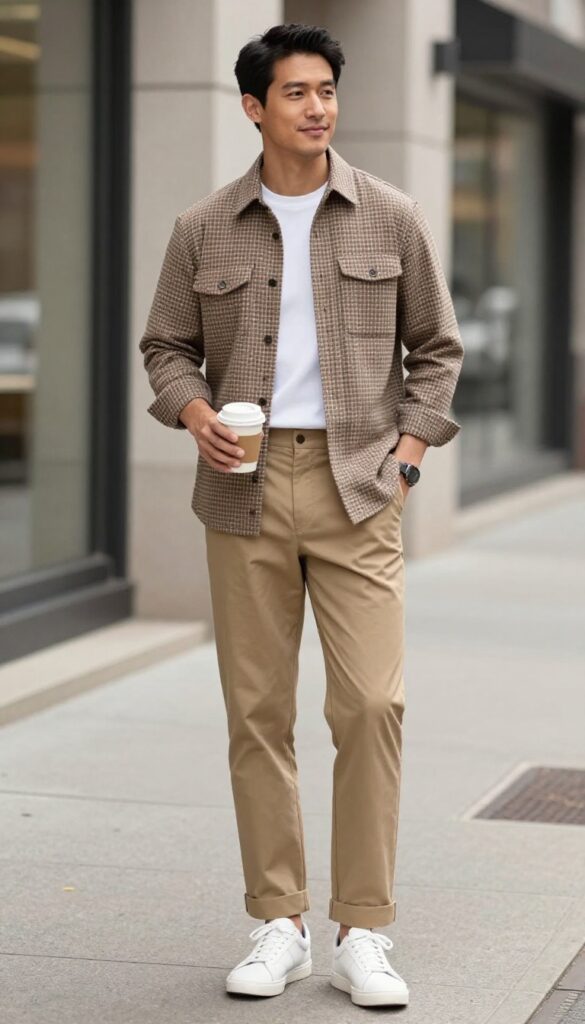 Man in plaid overshirt, white tee, khaki chinos, and white sneakers on city sidewalk