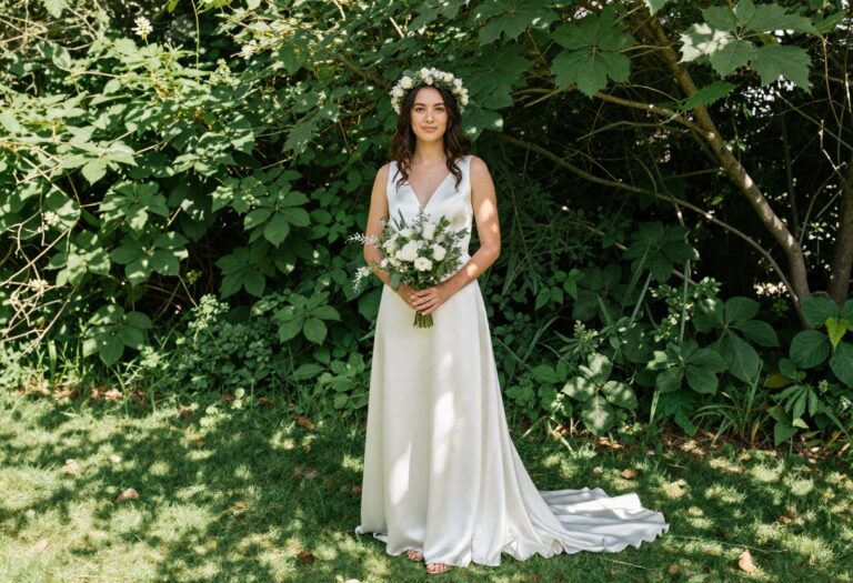 Bride in airy satin wedding dress with flower crown in garden