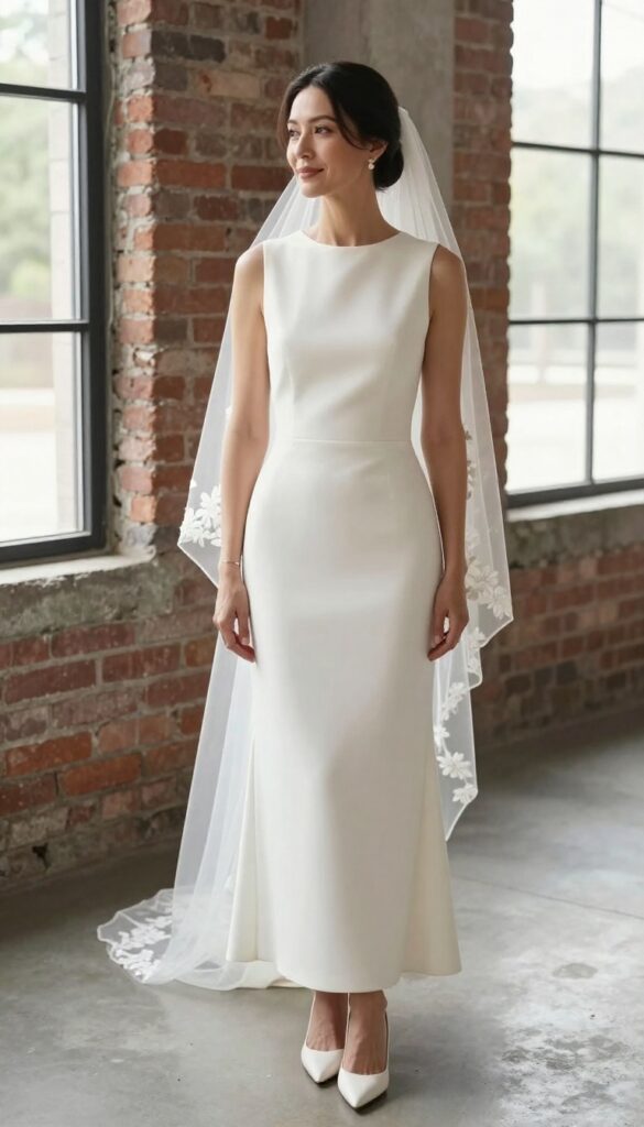 Woman in modern minimalist high neck wedding dress with embroidered veil, standing in bright loft