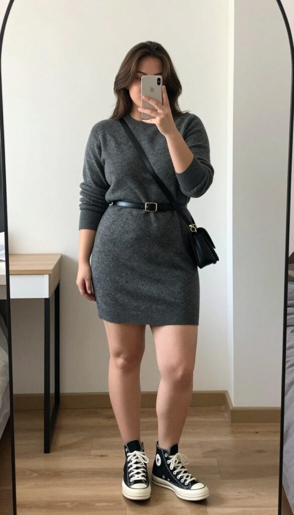 Woman in charcoal sweater dress with belt and black Converse, taking mirror selfie partially covering face with phone.