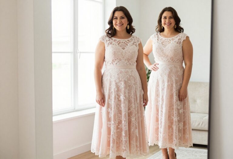 Plus size woman in lace A-line wedding guest dress with statement earrings and block heels