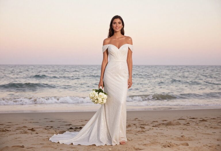 Woman in glittery off-shoulder wedding dress on beach at sunset with soft glam makeup and waves