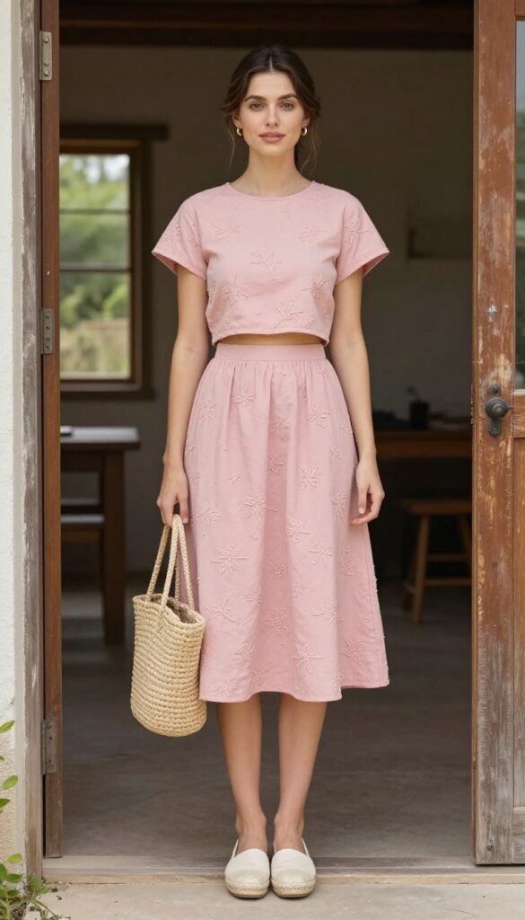 Woman in pink floral embroidered two-piece set with espadrilles and straw bag in barn doorway