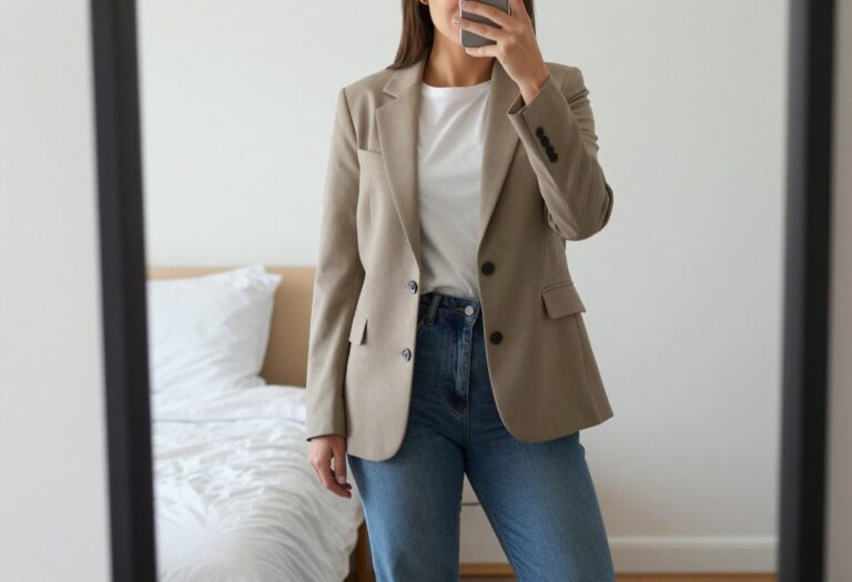 Woman in blazer and jeans taking a mirror selfie in bedroom