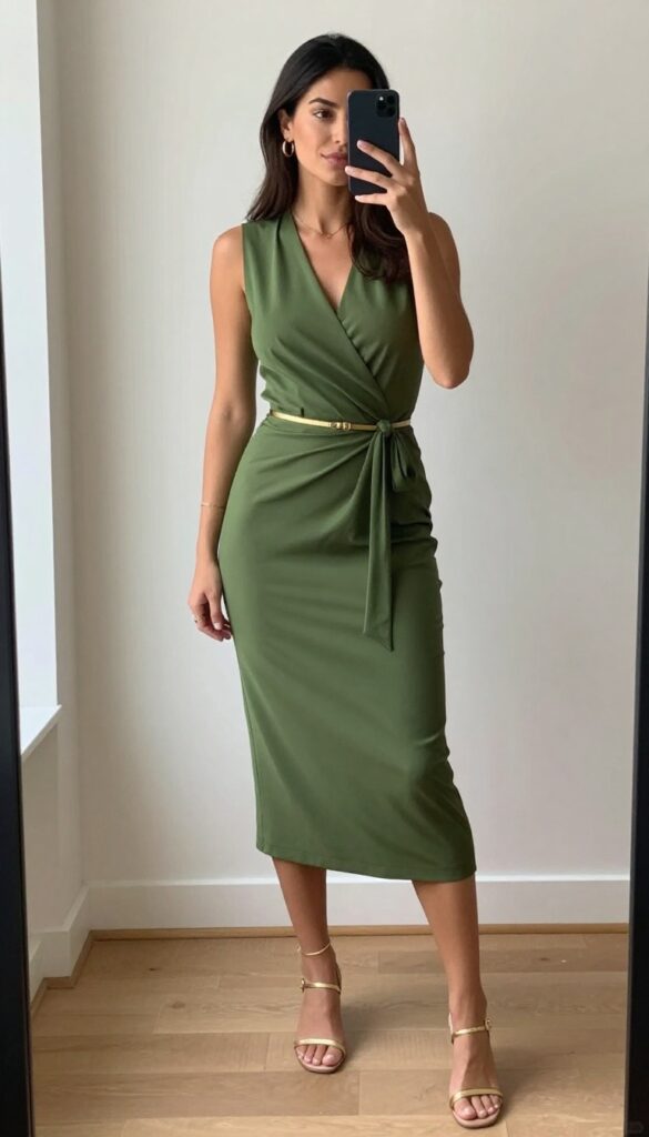 Adult woman in olive green wrap dress with gold chain belt and gold strappy sandals, holding a small nude clutch, standing in a bright room with neutral decor.