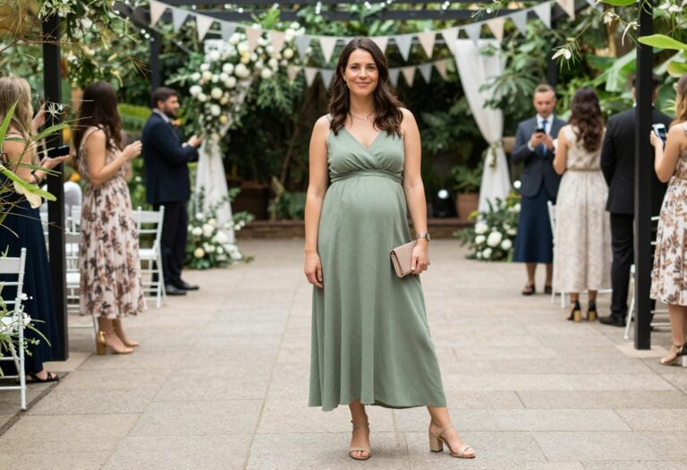 Pregnant woman in flowy empire-waist maxi dress at a garden wedding