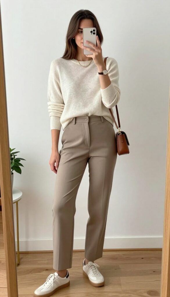 A woman in a light sweater and straight-leg pants takes a mirror selfie, showcasing a polished casual outfit for a first date.
