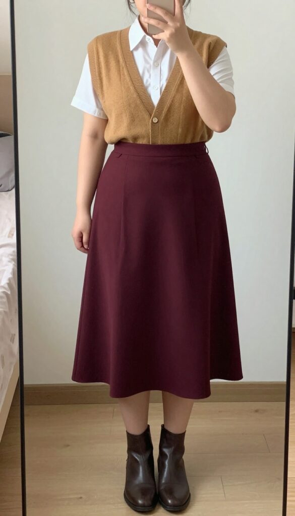 Woman in burgundy midi skirt, white button-down, and gray knit vest, posing in mirror selfie.