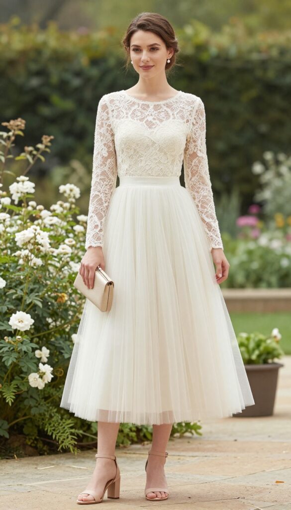 Woman in lace bodice and tulle skirt in garden