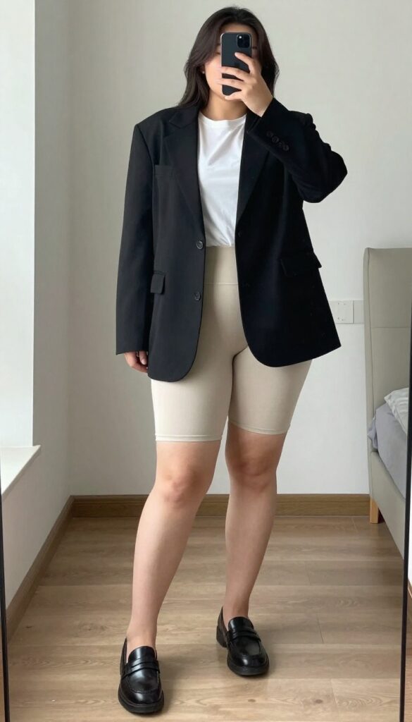Woman in oversized blazer and bike shorts with loafers, mirror selfie