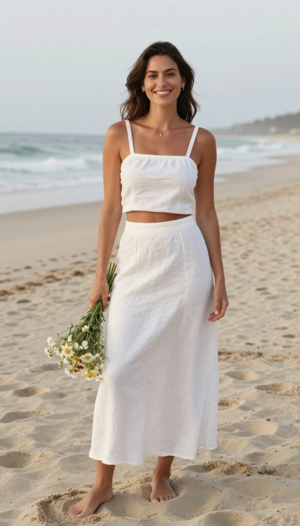 Woman in white linen crop top and matching high-waisted A-line skirt with train, holding wildflowers on beach at sunset