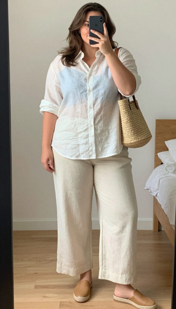 A woman in an untucked linen button-down and wide-leg cropped pants, standing in a bright, airy setting, exuding a relaxed yet polished vibe.