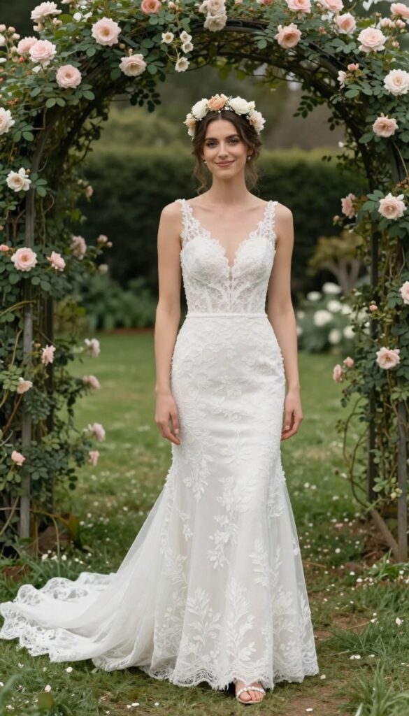 Bride in lace wedding dress with floral crown and barefoot sandals at garden wedding