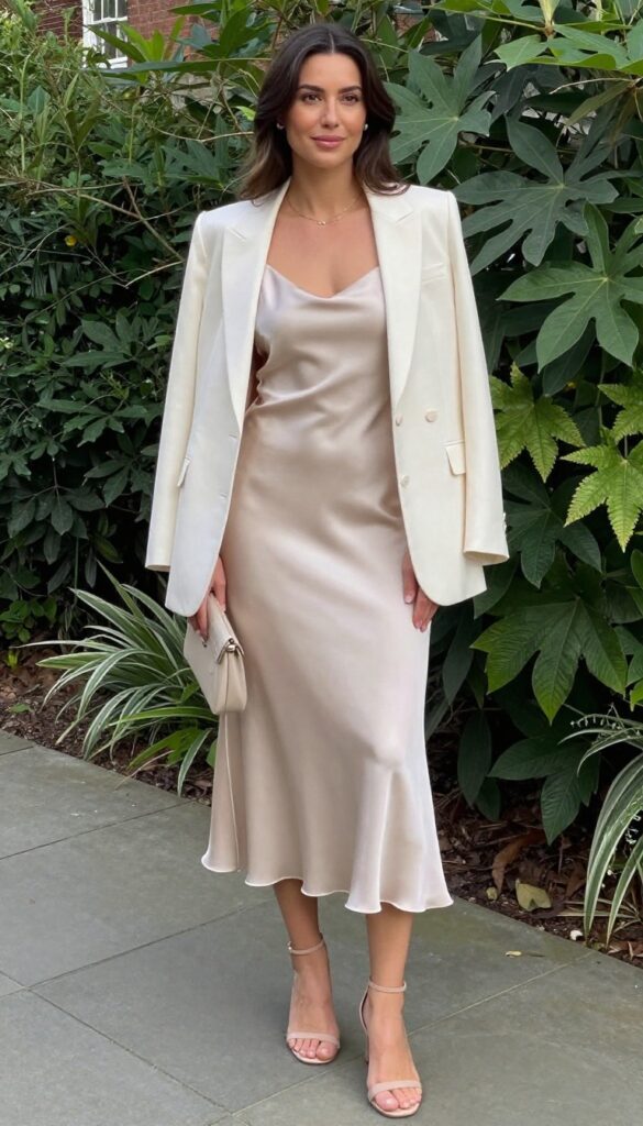 Woman in champagne satin slip dress and cream blazer standing in garden, holding clutch, wearing nude heels and gold jewelry.