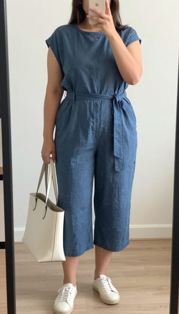 Curvy young professional in a wide-leg cropped jumpsuit with a belt, espadrilles, and structured tote bag, posing in a bright office or outdoor cafe.