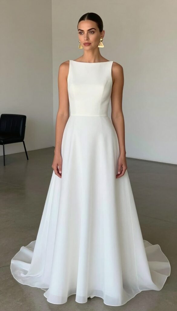 Woman in minimalist white tulle A-line gown with gold geometric statement earrings at a modern wedding venue