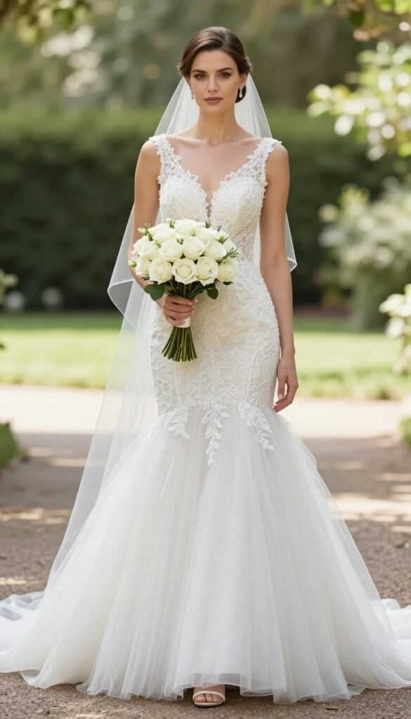 Bride in mermaid wedding dress with poofy tulle skirt in sunlit garden