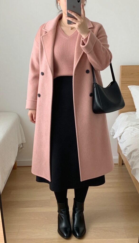 Woman in dusty rose v-neck sweater and black A-line skirt with tights and ankle boots, holding a coffee cup on a campus path