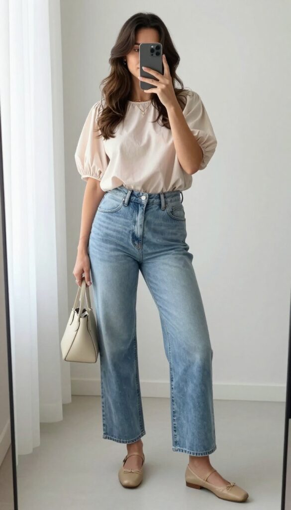 Woman in a cropped blouse and high-waisted wide leg jeans taking a mirror selfie, showcasing a summer outfit with ballet flats and a mini handbag.