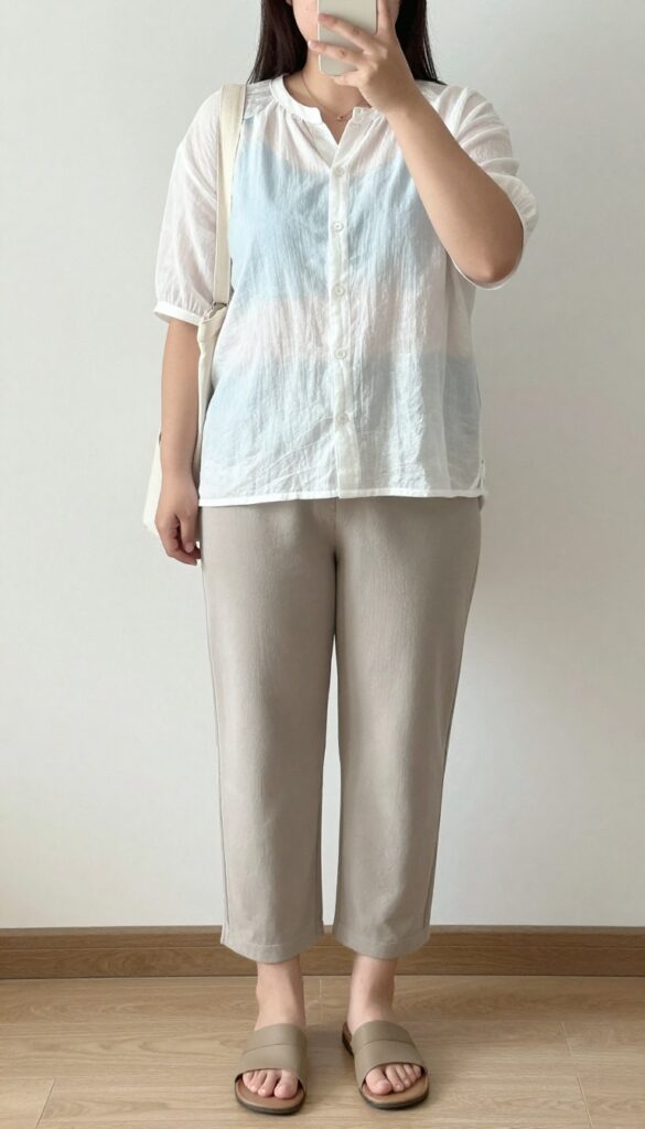 A woman in a white gauze button-down and cropped beige trousers, standing in a bright office with a canvas tote and leather slides.