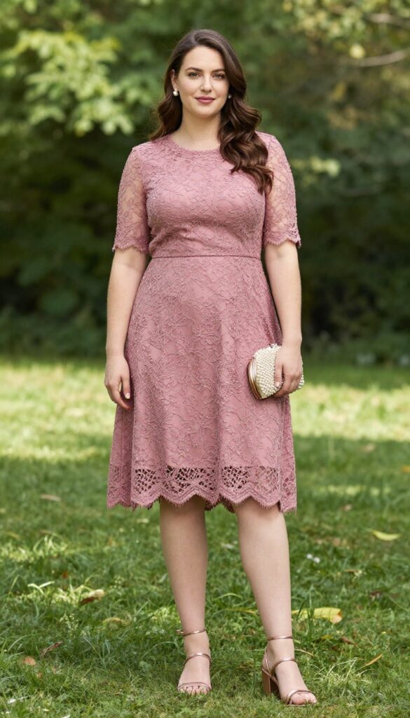 Woman in dusty rose lace A-line dress with pearl jewelry and rose gold sandals in a sunny garden
