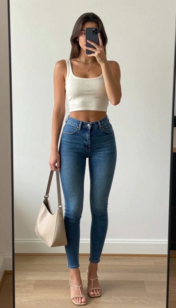 Petite woman in white crop top and high-waisted skinny blue jeans taking a mirror selfie, strappy sandals, small shoulder bag, layered necklaces, glossy lips, bright natural light.