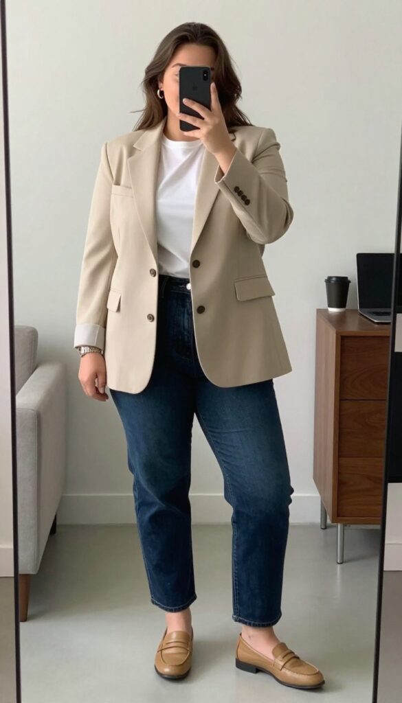 Woman in beige blazer, white tee, dark jeans, and tan loafers, standing confidently in a modern office.