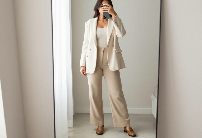 Woman in cream knit blazer and wide-leg trousers taking a mirror selfie in bedroom