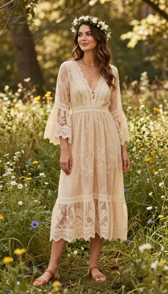 Young woman in champagne bohemian lace maxi dress with bell sleeves, standing in forest clearing with flower crown and layered gold necklaces.
