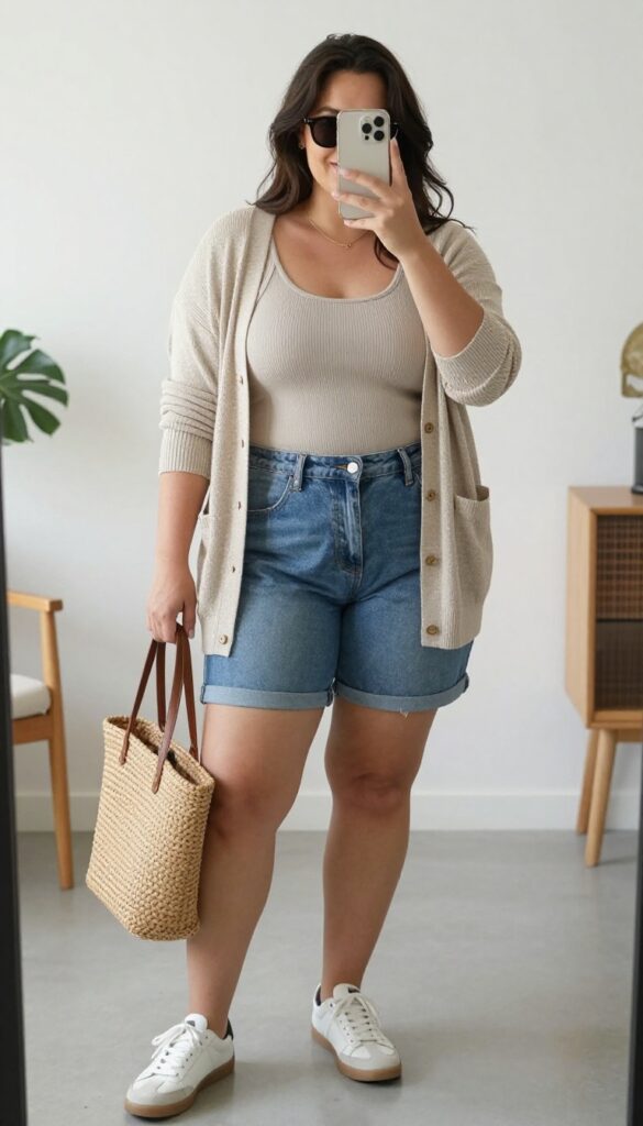 Plus-size woman in a neutral tank top and lightweight cardigan with denim shorts, taking a mirror selfie in a bright room. The outfit is casual and layered, with sneakers and a tote bag, embodying a relaxed yet styled summer look.