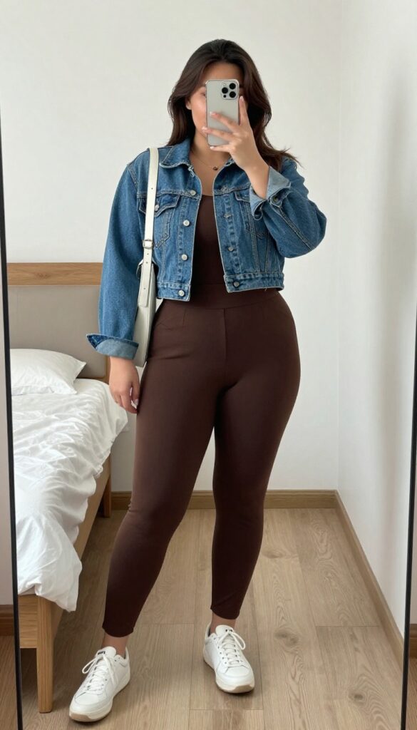 Woman in espresso jumpsuit and cropped denim jacket, white sneakers, leather crossbody bag, taking a mirror selfie in a bedroom.
