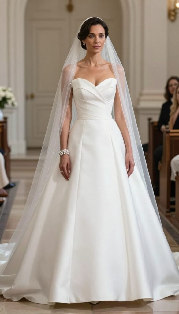 Bride in white satin ball gown with sweetheart neckline and cathedral veil in church aisle