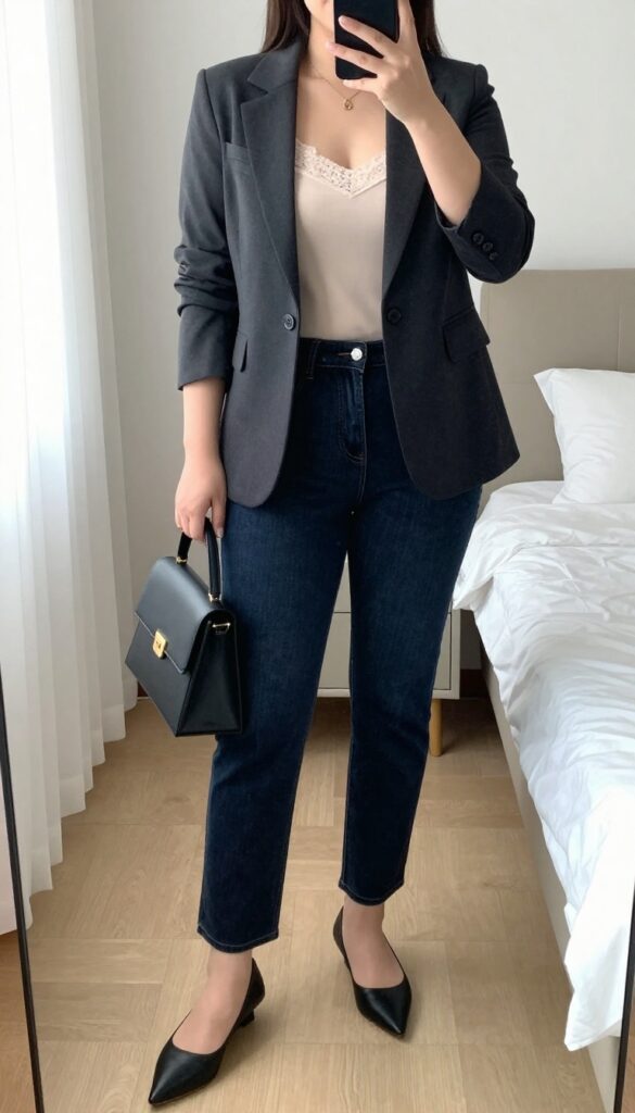 Plus size woman in structured blazer, lace-trim cami, and dark wash straight-leg jeans, posing in mirror selfie.