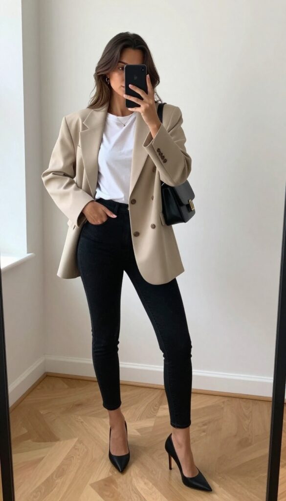 Woman in oversized beige blazer, black skinny jeans, and black pointed-toe heels taking a mirror selfie, chic casual outfit.