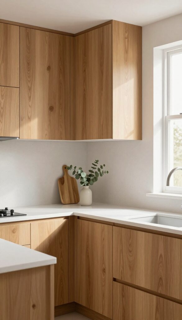 Bright kitchen with white quartz countertops and birch cabinets, natural light, eucalyptus vase
