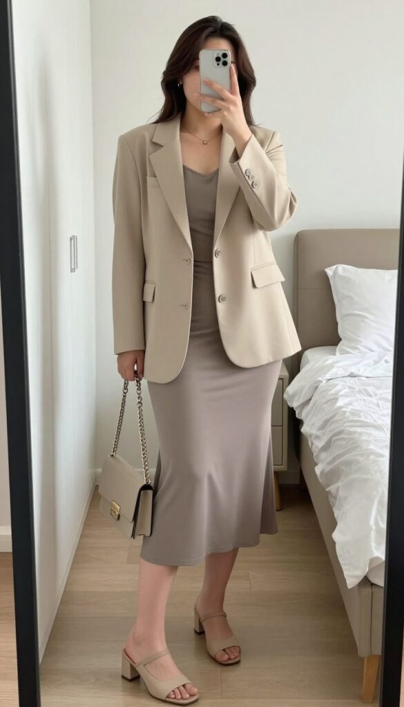 A woman in a knit blazer and slip dress, posing in a mirror selfie, partially covering her face with her phone.